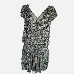 Skemo Gypsy Boho Smocked Dropped Smock Waist Tassel & Beaded Dress - Size M